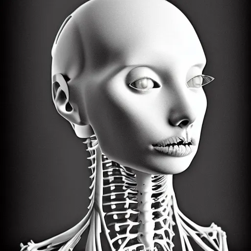 Image similar to black and white dreamy foggy portrait, skeletal biomechanical beautiful young female cyborg priestess - robot bust, body ribs meshes,, volumetric light, rim light, by dora maar and cecile beaton, big gothic fashion pearl embroidered collar, 8 k