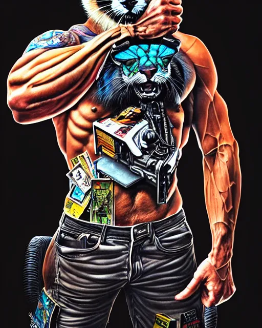 Image similar to a portrait of a muscular anthropomorphic cyberpunk puma by sandra chevrier, by jon foster, detailed render, pistol in holster, tape deck, epic composition, cybernetics, 4 k realistic, cryengine, realistic shaded lighting, sharp focus, masterpiece, by enki bilal