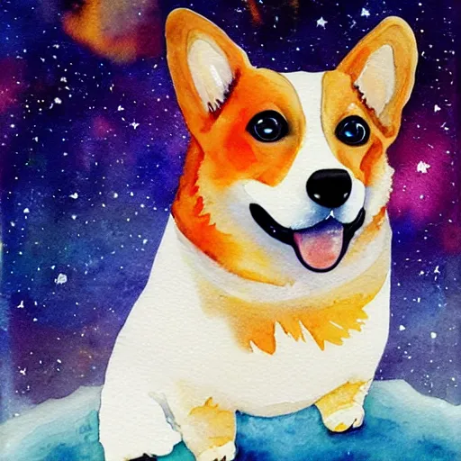 Prompt: watercolor painting of a corgi cosmonaut, cool colors, beautiful, calm, cosmic, stars