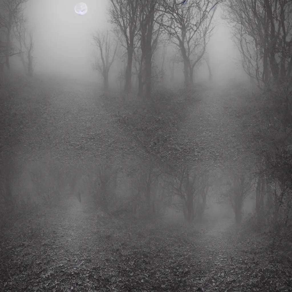 Image similar to path made of skulls, fog, moonlight, scary humanoid standing in the middle