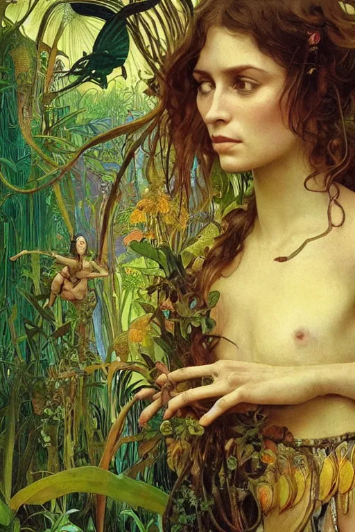 Image similar to realistic detailed portrait of bohemian girl in jungle by denis villeneuve, amano, yves tanguy, alphonse mucha, ernst haeckel, max ernst, roger dean, ridley scott, dynamic closeup