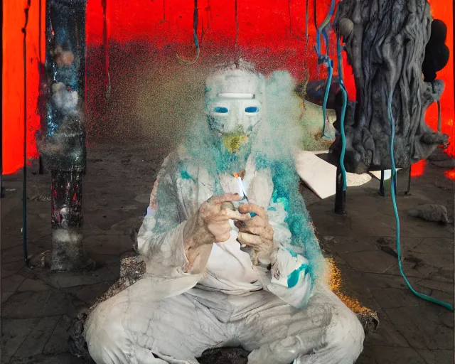 Image similar to portrait of a transforming masked actor sitting on a stalagmite looking into a tablet smoking vape by james jean and luc tuymans and beeple and hernan bas and pat steir and hilma af klint, psychological, 3 d, dripping paint, high quality render, masterpiece