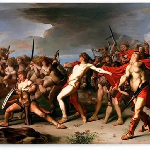 Image similar to muscular warrior women, spartan warrior women, women fighting men, muscular men, roman warrior men, clashing in bloody field, art by jacques - louis david