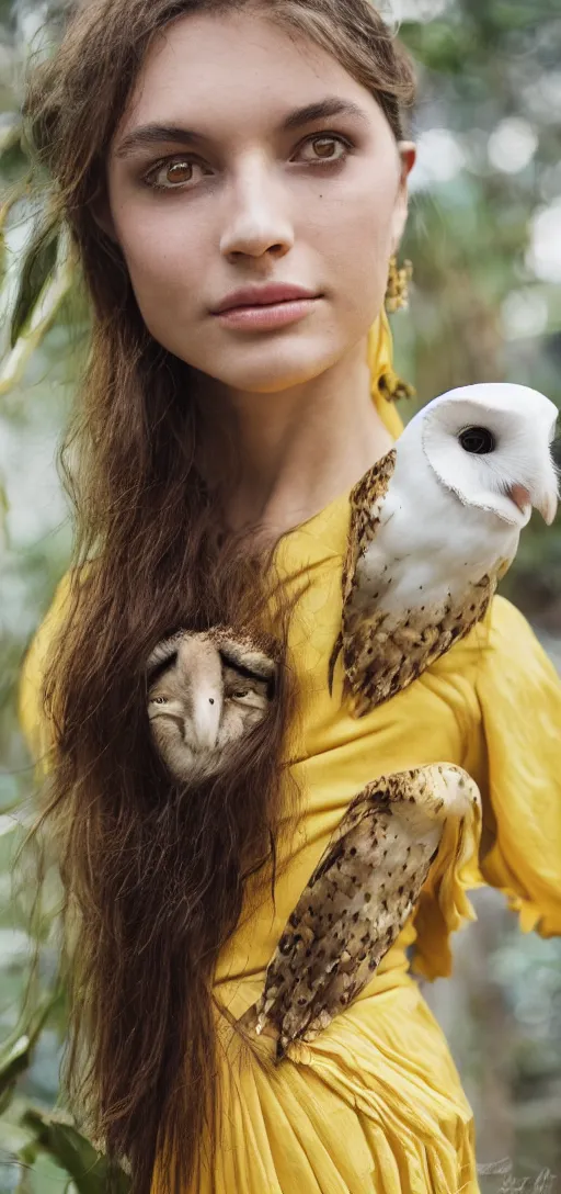 Prompt: head to shoulder portrait film photograph of an elegant top model wearing a yellow kimono with a very detailed barn owl on her shoulder!!! in a tropical greenhouse. looking at the camera!!. super resolution. 85 mm f1.8 lens.bokeh. graflex. by Alessio albi !