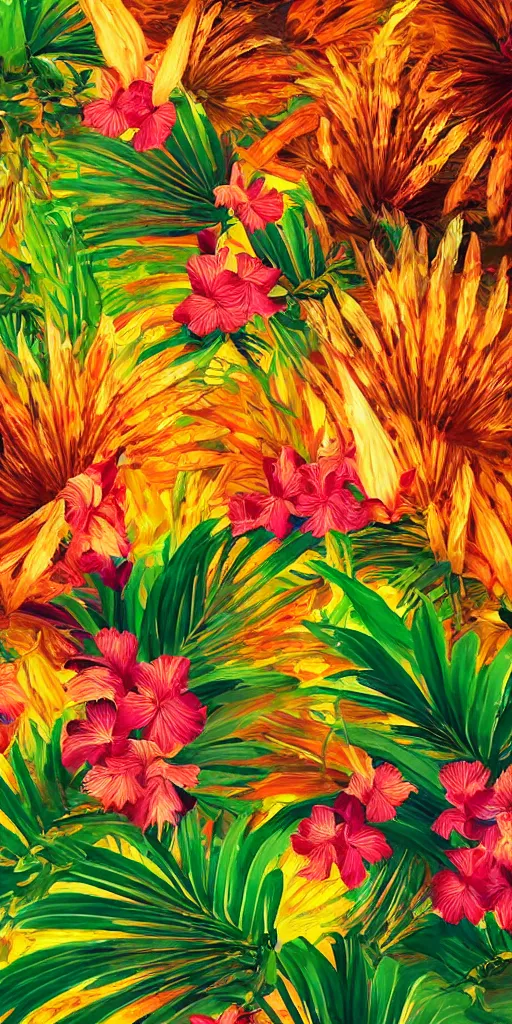 Prompt: tropical flowers illustration design concept, oil painting, brush texture, hyperrealistic, dynamic lighting, intricate detail, harvest fall vibrancy, cinematic volume glowing aura global illumination ray tracing hdr