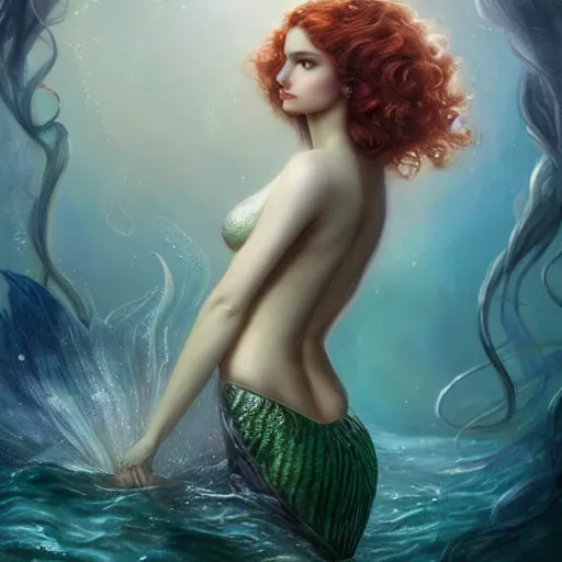 Image similar to beautiful mermaid with curly hair, magical details, magical atmosphere, digital art, concept art, devianart, cinematic lighting, hyper - detailed, cgsociety, 3 - d 8 k, high resolution, in the style of charlie bowater, tom bagshaw, alexis franklin, elena masci, pawel rebisz