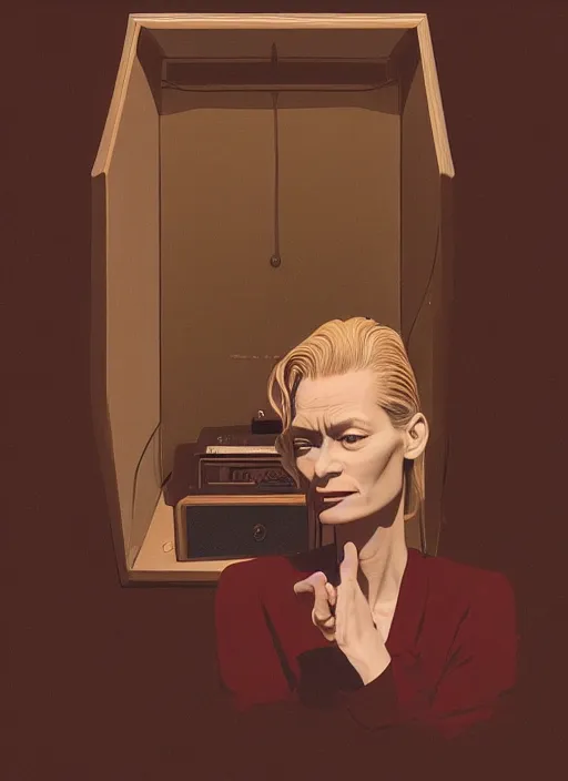 Image similar to Twin Peaks poster artwork by Michael Whelan, Bob Larkin and Tomer Hanuka, Karol Bak of portrait of radio host Tilda Swinton lounging in her radio sound booth, alone, late at night, from scene from Twin Peaks, simple illustration, domestic, nostalgic, from scene from Twin Peaks, clean, cover of New Yorker magazine