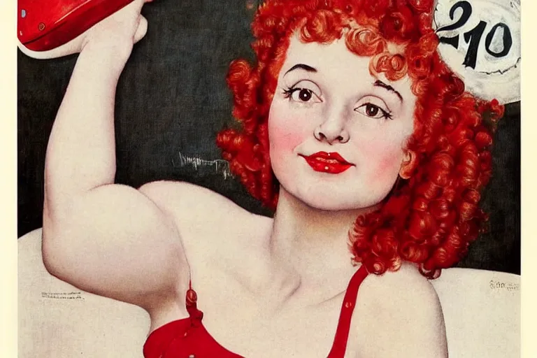 Prompt: portrait! of a bubbly!! young woman, in her 20s! red hair!! on a paper moon! black and white!! by norman rockwell!!!