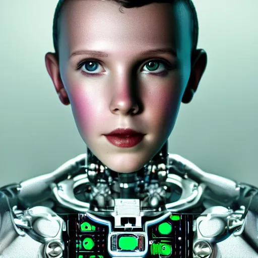 Image similar to beautiful centered Fine art photo portrait of adult Millie Bobby Brown as a solarpunk robotic humanoid, white mechanical parts with led lights, photorealistic, white background, highly detailed and intricate, sunset lighting, HDR 8k