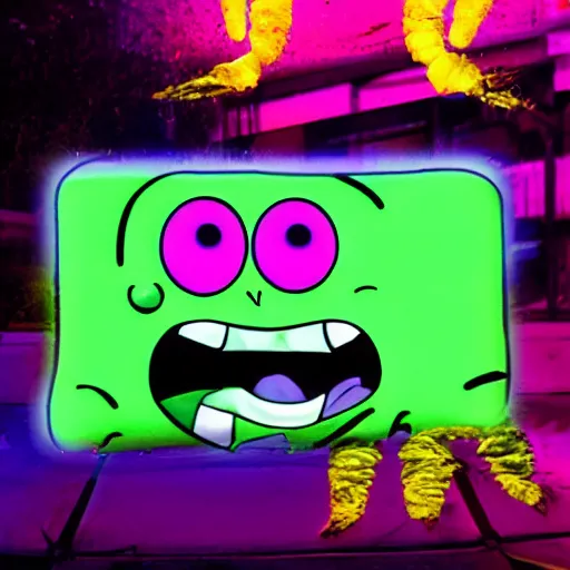 Prompt: toxic fluorescent SpongeBob