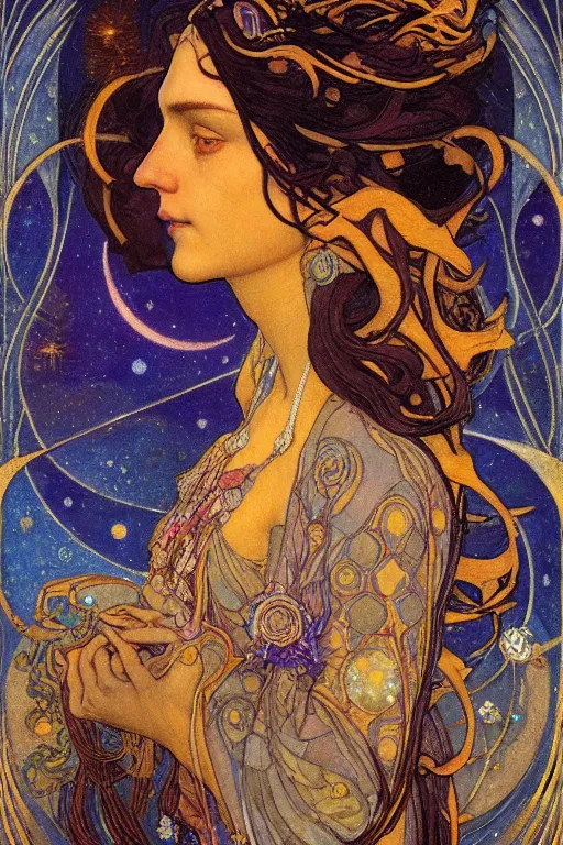 Image similar to queen of the moon with stars in her hair, by nicholas roerich and annie swynnerton and donato giancola and dulac, dramatic lighting, god rays, geometric tattoos, rich colors, smooth sharp focus, extremely detailed, leo and diane dillon, adolf wolfli