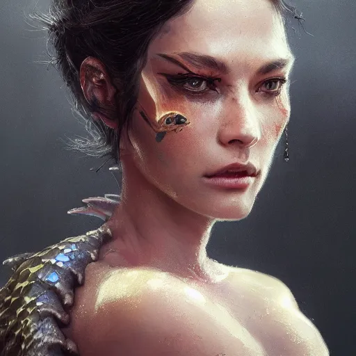 Image similar to a fancy portrait of an attractive lizard women by greg rutkowski, sung choi, mitchell mohrhauser, maciej kuciara, johnson ting, maxim verehin, peter konig, 8 k photorealistic, cinematic lighting, hd, high details, dramatic, dark atmosphere, trending on artstation