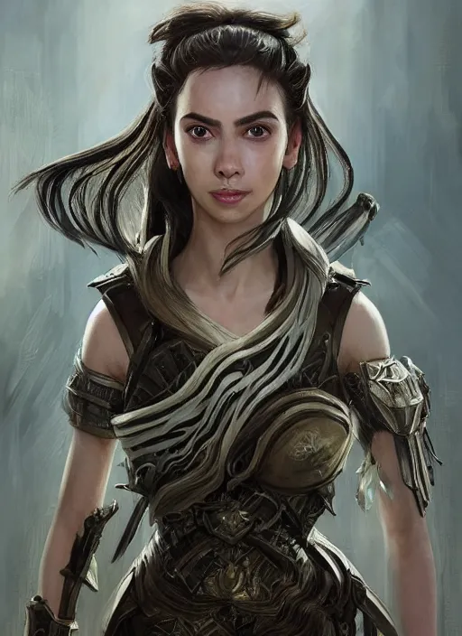 Image similar to a professional portrait of a beautiful young female, clothed in ethereal battle armor, olive skin, long dark hair, beautiful bone structure, symmetrical facial features, intricate, elegant, digital painting, concept art, smooth, sharp focus, finely detailed, illustration, from Valerian and the City of a Thousand Planets, in the style of Ruan Jia and Mandy Jurgens and Artgerm and Greg Rutkowski and William-Adolphe Bouguerea