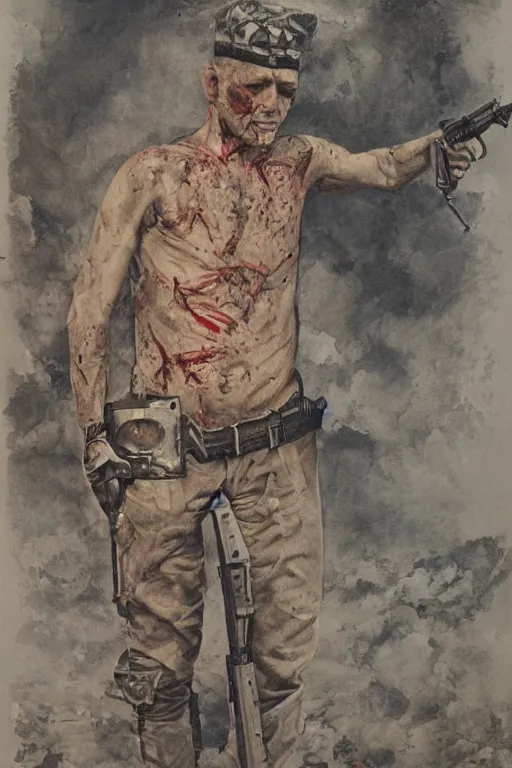 Image similar to man holding gun at the end of his life, world war, blood, detailed art