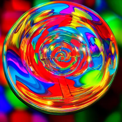 Prompt: swirled glass art bowl filled with colored glass ball shapes, swirls of color, ribbons of color, intricate, colorful glass art, caustics, warm colors, beautiful lighting, museum piece, style of flavie audi, 3 d rendering, octane rendering, highly detailed, epic