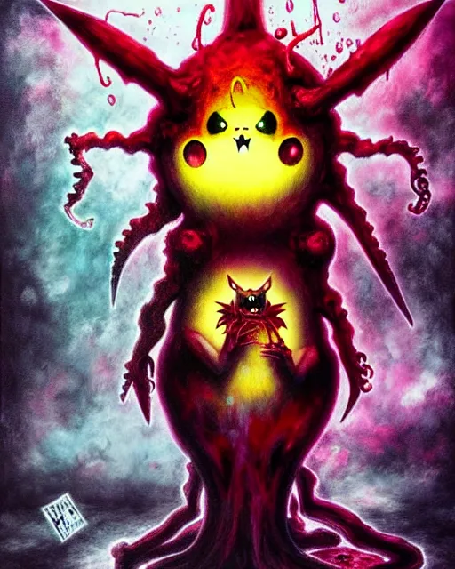 Prompt: disturbing grunge still of a lovecraftian demon infested pikachu in pokemon. horror colored ink art, by arthur adams, by tom bagshaw, by henry asencio, by kikuchi hideyuki
