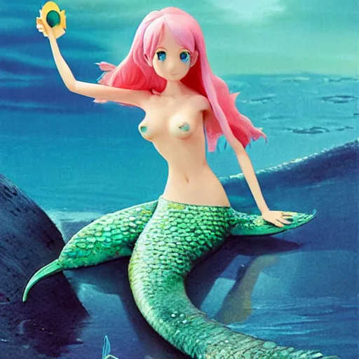 Image similar to Manga cover illustration of an extremely cute and adorable beautiful happy mermaid girl riding on top of a large one-eyed fish, 3d render diorama by Hayao Miyazaki, official Studio Ghibli still, color graflex macro photograph, DAZ Studio 3D