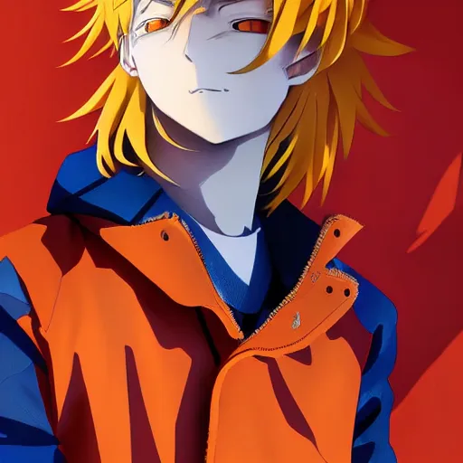 Image similar to orange - haired anime boy, 1 7 - year - old anime boy with wild spiky hair, wearing blue jacket, shibuya street, bright sunshine, strong lighting, strong shadows, vivid hues, raytracing, sharp details, subsurface scattering, intricate details, hd anime, high - budget anime movie, 2 0 2 1 anime