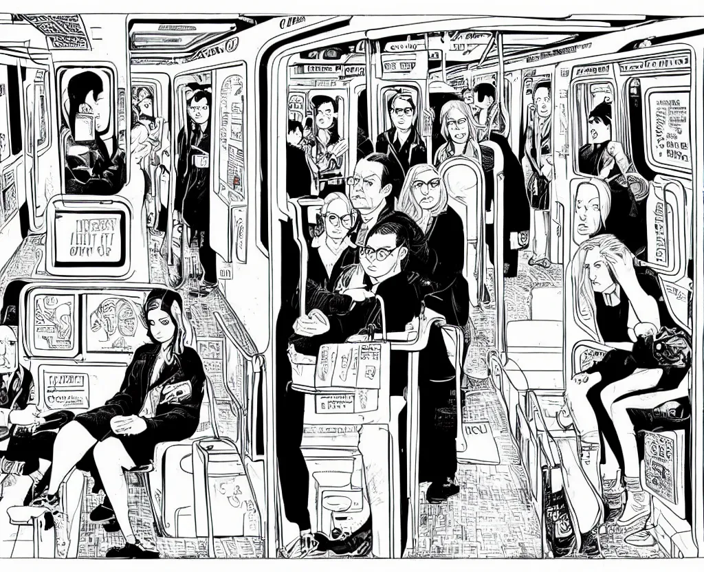 Image similar to a tight detailed ink drawing in the style of Daniel Clowes and Adrian Tomine and Gabrielle Bell, 3/4 view wide shot of only two people: a sad woman in a parka who looks like Aubrey Plaza, sitting 3 feet from a friendly middle-aged German businessman in a suit, with short blond hair and mustache, in a an empty Chicago subway train