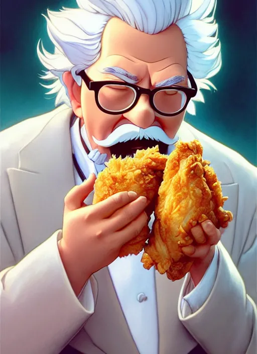 Image similar to cute colonel sanders eating fried chicken, natural lighting, path traced, highly detailed, high quality, digital painting, by don bluth and ross tran and studio ghibli and alphonse mucha, artgerm