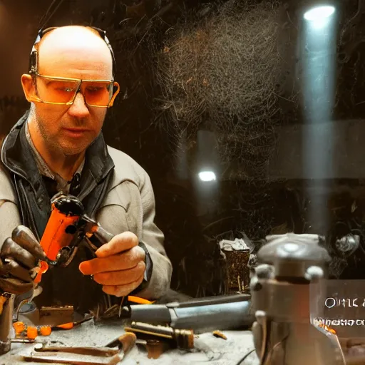 Image similar to balding cyborg professor using jeweller's loupe with orange led light, inspecting complex gun made from rusted metal kitchen utensils, smoking soldering iron, fluorescent lighting, messy workshop, highly detailed, sci - fi, futuristic, movie still from blade runner