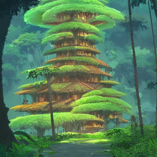 Prompt: stunning tree city in amazon forest by studio ghibli, artstation, environment design