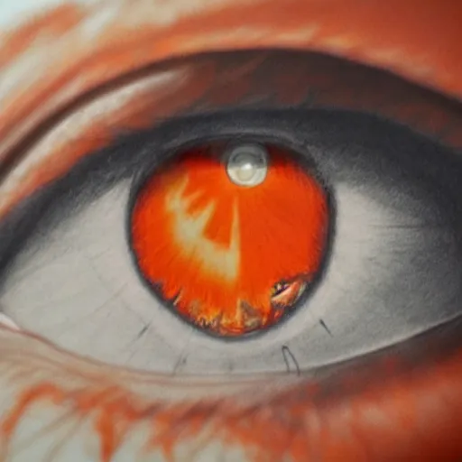 Image similar to hyper realistic pencil drawing of the human eye, unlimited detail, colored, space, dragon, intricate, detail, phoenix, orange