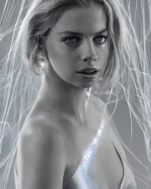 Image similar to annie leibovitz style photoshoot editorial of samara weaving as sue storm, the invisible woman from the fantastic four, she is wearing a beautiful iridescent shimmering, glowing jellyfish like wedding dress made from her force field powers, hyperreal, magical, translucent, iridescent, studio lighting, soft focus, bokeh, 5 0 mm