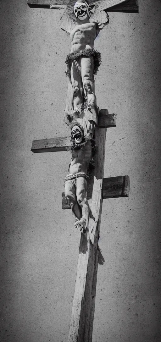 Image similar to a crucified clown