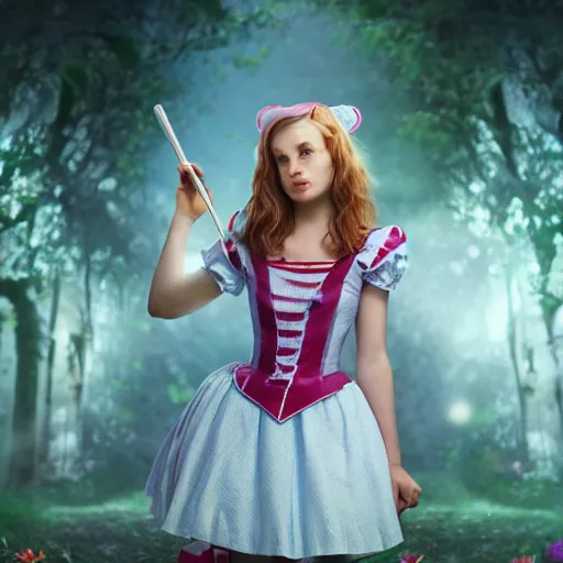 Image similar to teenager alice, alice in wonderland theme, photo realistic, disney, octane render, 8 k, unreal engine, hd, cinematic lighting