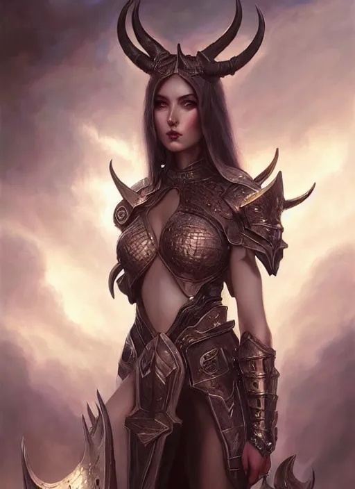 Prompt: a beautiful woman with horns and armor, painted by artgerm and tom bagshaw, fantasy art, dramatic lighting, highly detailed oil painting