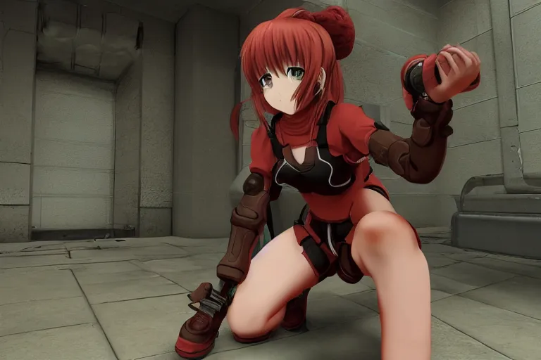 Image similar to an anime girl in a screenshot of the video game doom, the anime girl is crouching