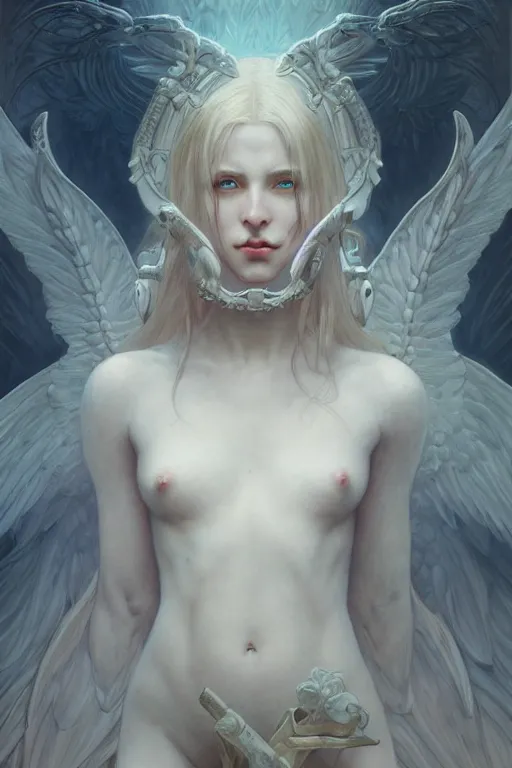 Image similar to Portrait of beautiful pale demonic angelic girl warhammer 40000, cinematic lighting, intricate, elegant, highly detailed, digital painting, artstation, smooth, sharp focus, illustration, art by artgerm and greg rutkowski and zdislav beksinski and alphonse mucha and Wayne Barlowe and william-adolphe bouguereau