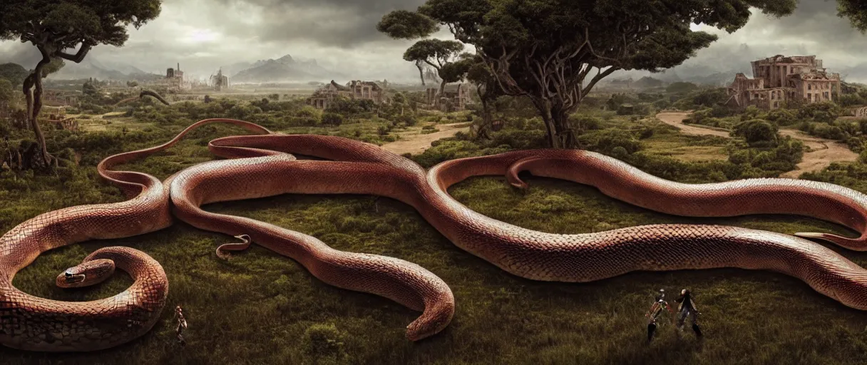 Image similar to a giant snake near a village, high detail, 8k, ornate, dark fantasy, maximalist, realistic, masterpiece, complex, WLOP, film still from the movie directed by Denis Villeneuve with art direction by Salvador Dalí