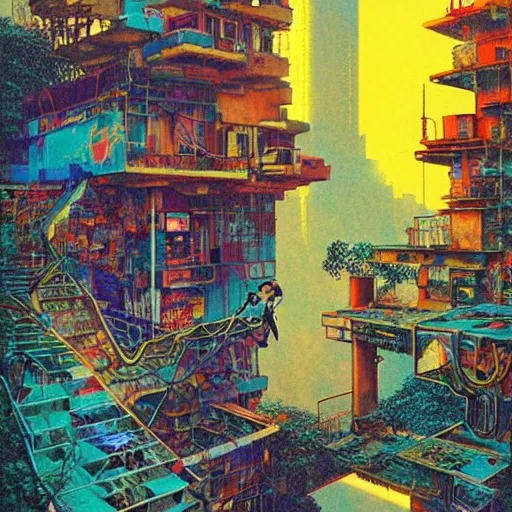 Image similar to breakfast at las pozas, graffiti by moebius, break of dawn on jupiter, cyberpunk, futuristic, 1 9 7 0 cut out collage, technilogy, high detail, golden light, realistic