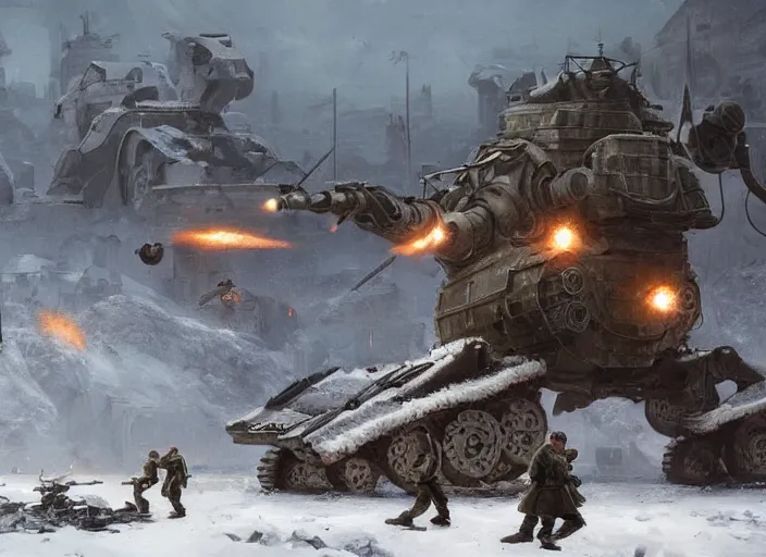 Prompt: soviet soldiers fighting against nazi monstrous robots in world war two eastern front setting, dieselpunk, winter concept art, artstation, stephen bliss, unreal engine, art by greg rutkowski, pixar, global illumination, radiant light, detailed and intricate environment