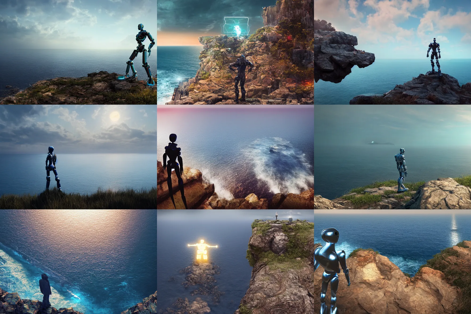 Prompt: humanoid robot, ( standing on top of a large cliff ) overlooking the sea, greg rutkowski, shishkin, neon glow, volumetric illumination, ray tracing, cryengine, hdr render in unreal engine 5