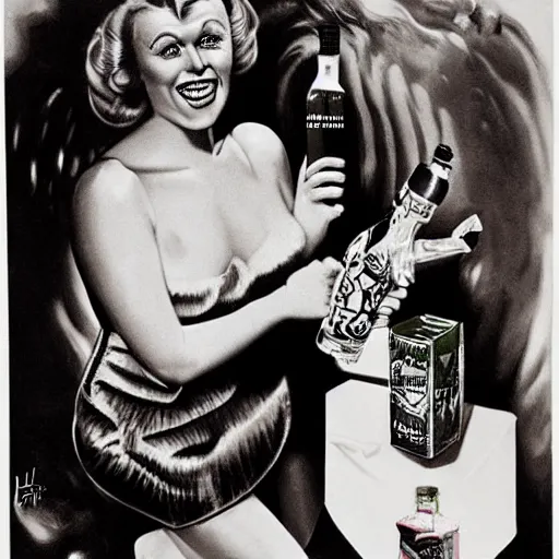 Image similar to ginger rogers with gennie make - up, dressed as green ninja, drinking a bottle of ginger gin and eating gingerbread for dinner, advertisement poster by h. r. giger