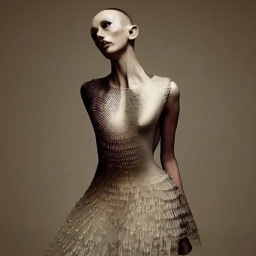 Image similar to a model dressed in an avant garde haute couture dress, iris van herpen and alexander mcqueen, vogue editorial photo, sharp focus dynamic light