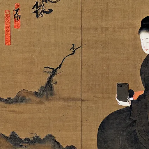 Image similar to the Chinese ancient painting of a lady using smartphone in Tang Dynasty , by Han Xizai