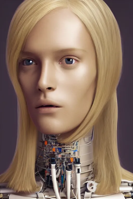 Image similar to robot with human face, female head, full body angle, woman human face, human face realistic, beautiful blonde hair, human head, human head with blonde hair, blonde hair human head, blonde hair, human realistic face, human head skin, cyborg frame concept, cyborg by ales-kotnik, sci-fi android female, the body is made of wires, robotic body, cyborg body, cyborg bust body, robot body cyborg, full body