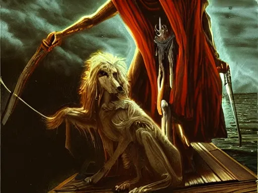 Prompt: The grim robed boatman of the river styx adopts an undead borzoi to be his companion in hades, realistic fantasy artwork, greek mythology, oil painting on matte canvas by James Gurney