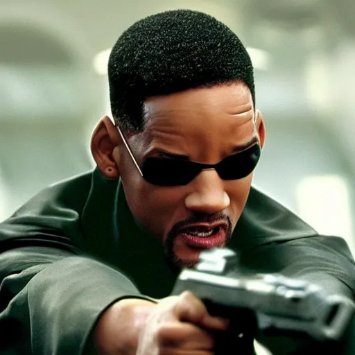 Image similar to A still of Will Smith as Neo from The Matrix. Extremely detailed. Beautiful. 4K. Award winning.