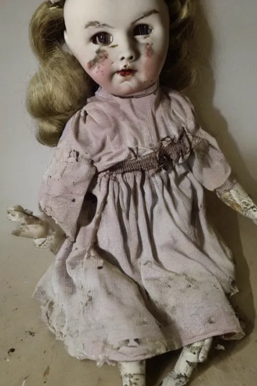 Image similar to dirty cracked screaming vintage doll maggots in eyes sitting in darkly lit dusty basement cobwebs old photo