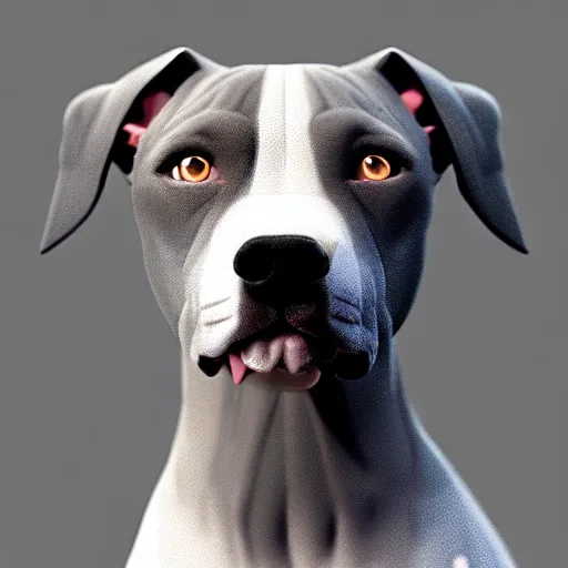 Prompt: photo of a skinny dark gray coat pit bull with a white paws and a white nose! animated digital art, highly detailed, animated digital matte painting, beautiful eyes!, pretty face!!, trending on artstation symmetry, concept art, sharp focus, illustration, art by! ilya kuvshinov!!, octane render