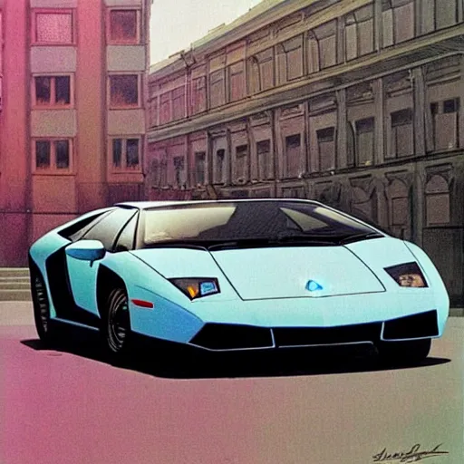 Image similar to lamborghini murcielago in the soviet city, by syd mead, retrofuturism