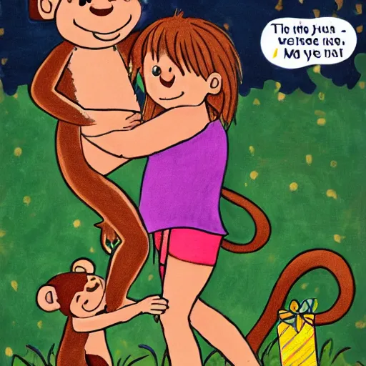 Image similar to mowgli hugging a monkey with a birthday hat on, sister, love, highly detailed