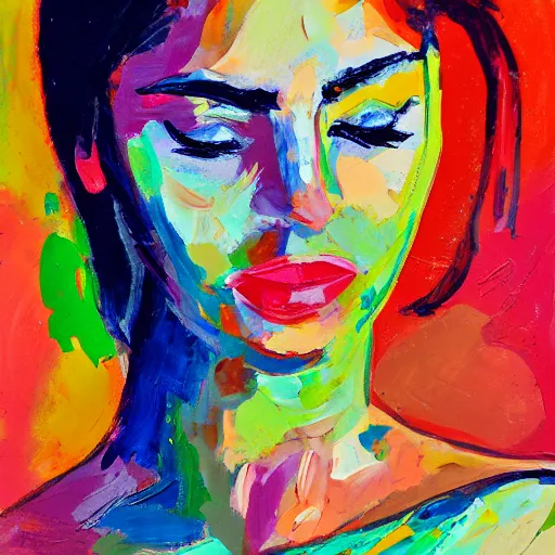 Image similar to portrait of beautiful woman painted with colorful gouache impasto