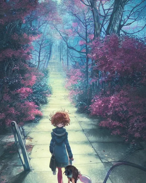 Image similar to a girl walking her small dog at the park, full shot, focused, ambient lighting, detailed face, art by ayami kojima, makoto shinkai, kilian eng