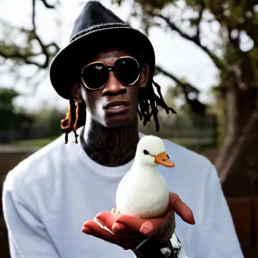 Image similar to young thug, holding a white duck